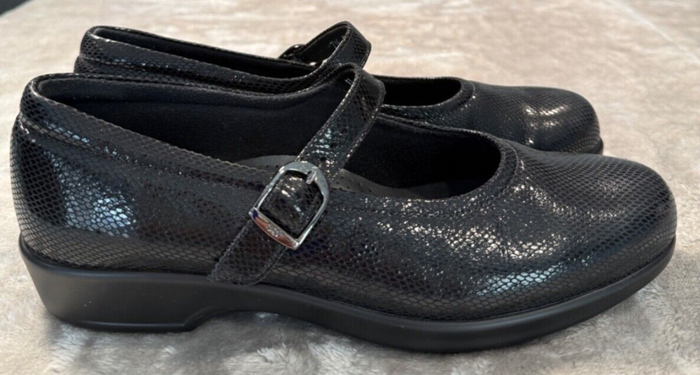 SAS Maria Black Leather Snake Print Mary Jane Flat Comfort Shoes Womens 7.5 N